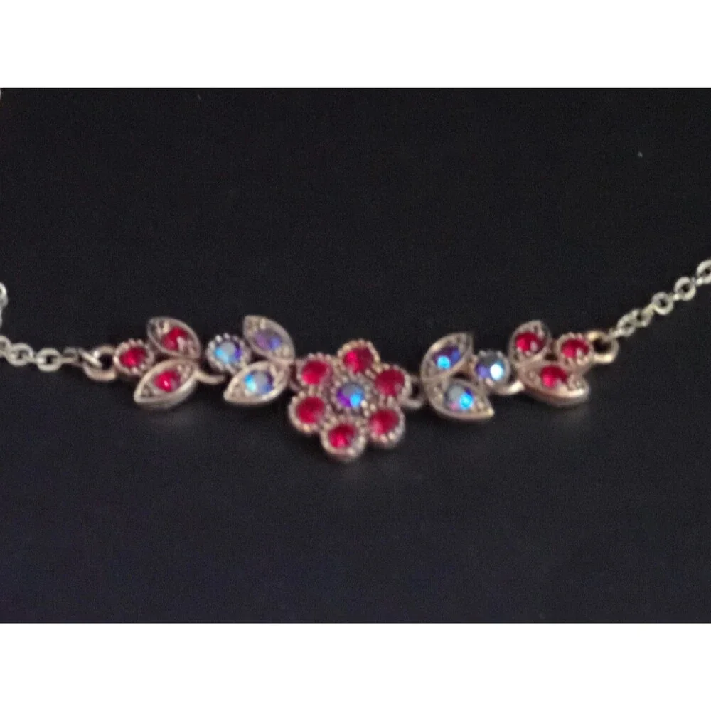 Dainty Red & Aurora Borealis AB Rhinestone Flower Gold Tone Chain Link Necklace